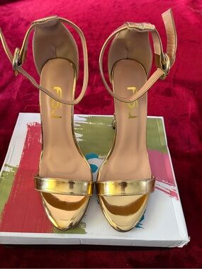 FSJ Gold Metallic Open-Toe Ankle-Strap Heels